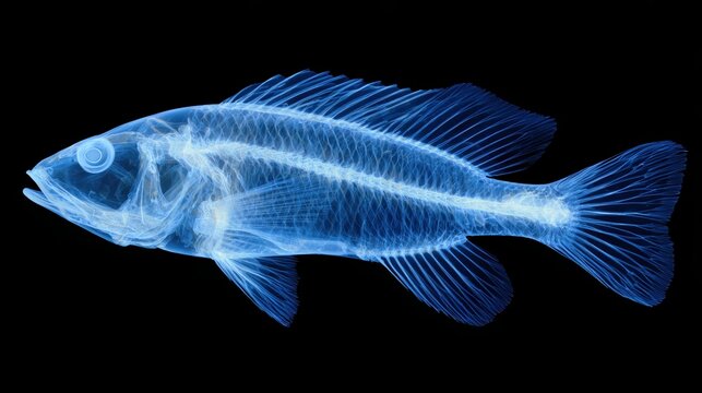 Blue xray style fish anatomy illustration showing skeleton and fin structure on black background for science poster and educational display