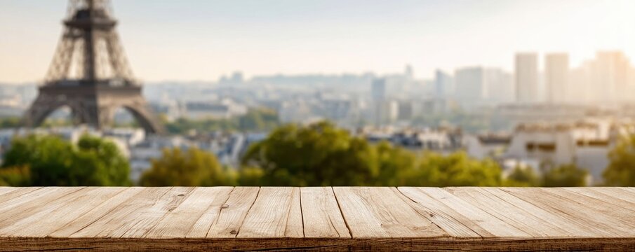 Wooden tabletop foreground with blurred eiffel tower paris skyline at sunrise for travel background and banner design