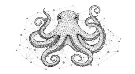 Detailed illustration of an octopus with swirling tentacles and a network of dots. © Mutmainah