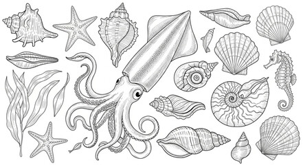 Detailed illustration of a squid surrounded by various seashells and marine life. © Mutmainah