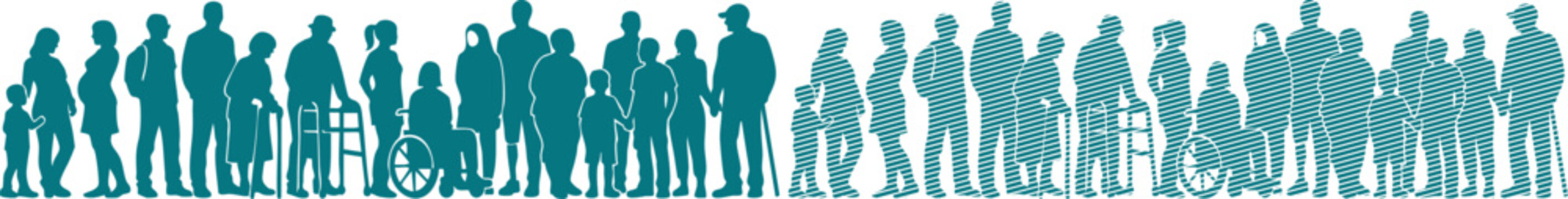 Teal silhouettes of diverse people, crowd of standing figures