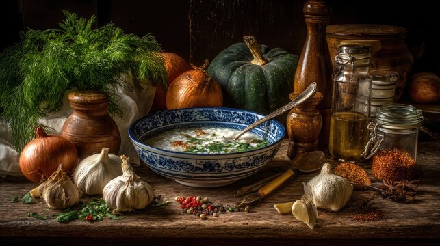 Fresh Ingredients and Rustic Setting for Healthy Soup Preparation with Herbs and Spices Anb Culinary Elements in Warm, Inviting Kitchen Environment