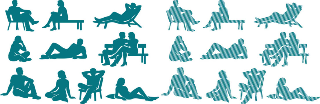 Teal silhouettes of people sitting and reclining on chairs and sofas