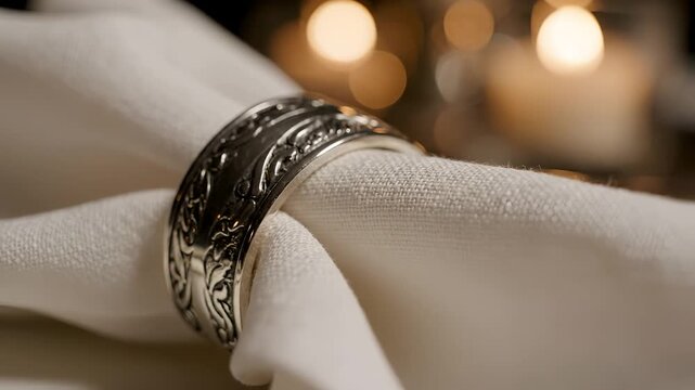 Elegant Silver Napkin Ring Adorning a White Cloth Napkin on a Table.