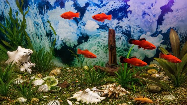 Swordtail fish swimming in a домашний aquarium with aquatic plants and shells, ideal for pet care, interior decoration, relaxation and freshwater habitat themes.