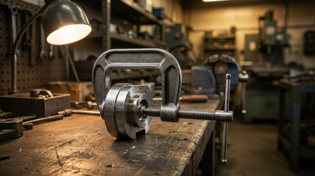 Industrial C Clamp with Steel Bolt and Workbench in Workshop