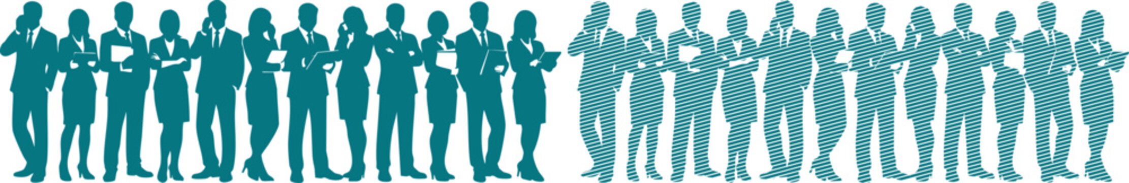 Teal silhouettes of people standing in a row