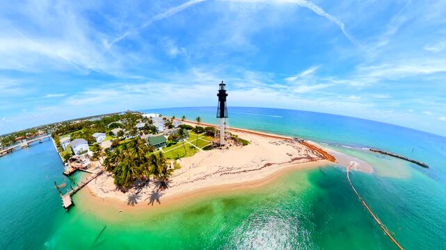 Aerial hillsboro lighthouse pull out transition to tiny planet