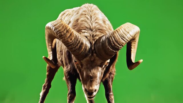 Majestic Ram with Impressive Horns Posing Against Green Screen Background.
