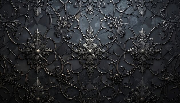 A dark, ornate metal filigree pattern with floral designs