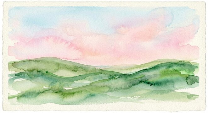 watercolor, landscape, nature, hills, pastel, pink sky, green, painting, scenery, background, art, illustration, rolling hills, mountains, sunset, sunrise, serene, peaceful, outdoor, scenic, meadow, s