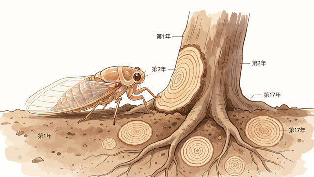 Soft Watercolor Scientific Illustration of Adult Periodical Cicada Beside Tree Stump, Using Tree Rings to Demonstrate 17-Year Underground Cicada Lifecycle