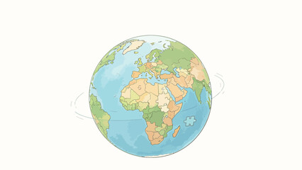Obraz premium Gentle Hand-Drawn Pastel Illustration of Planet Earth As Interlocking Jigsaw Puzzle, With Loose Puzzle Piece Floating On Ocean, Centered On Plain Light Background