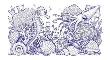 Detailed illustration of marine life and seashells in a coral reef. © Mutmainah