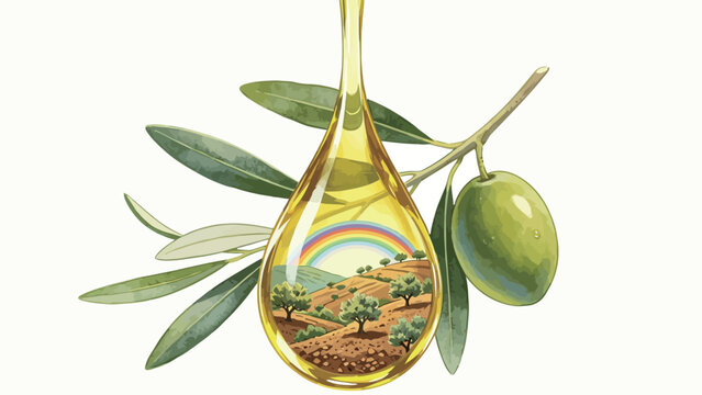 Watercolor Illustration of Olive Branch with Fresh Green Olive, Hanging Golden Olive Oil Drop Enclosing Sunlit Mediterranean Olive Grove Hillside and Soft Rainbow