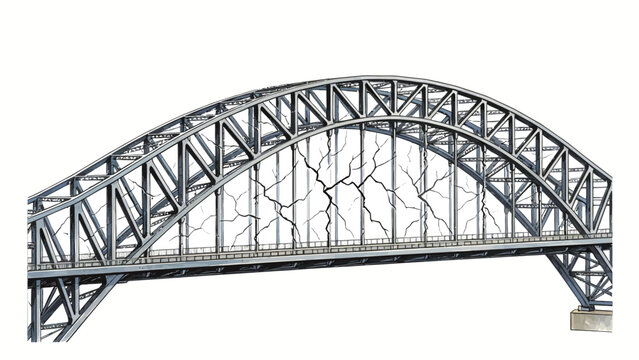 Technical Illustration of Severely Cracked Damaged Steel Truss Arch Bridge, Conceptual Depiction of Structural Failure, Isolated on Plain White Background