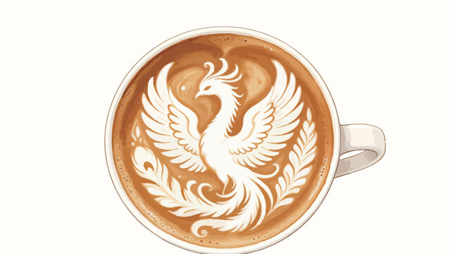 Top Down View of Intricate Symmetrical Phoenix Latte Art on Creamy Espresso Coffee in White Ceramic Cup Against Clean Off-White Background