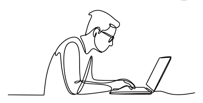 Continuous single line drawing of a young man wearing glasses working on his laptop computer to finish an important project at his desk in the office area Vector, illustration
