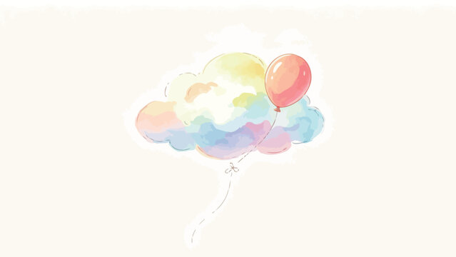 Soft Whimsical Pastel Watercolor Illustration of Puffy Rainbow Gradient Cloud Tethered to Coral Pink Balloon on Clean Off-White Background
