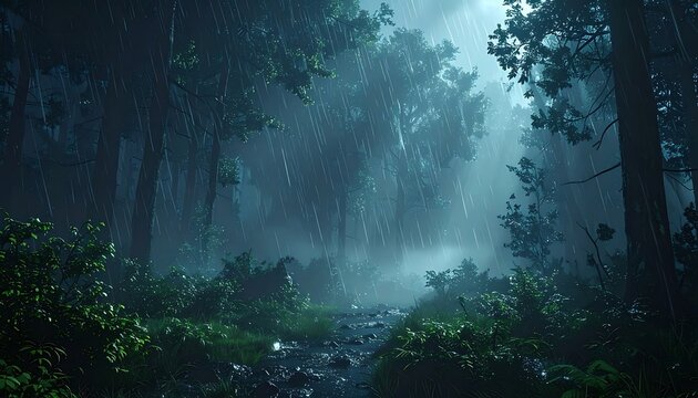A dark and mystical forest scene with a winding path