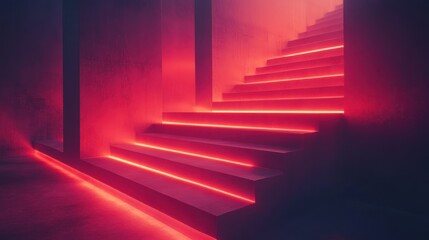 Obraz premium Neon red stairs in dark futuristic interior