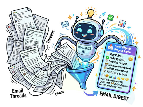 AI robot summarizing chaotic email threads into an organized digest