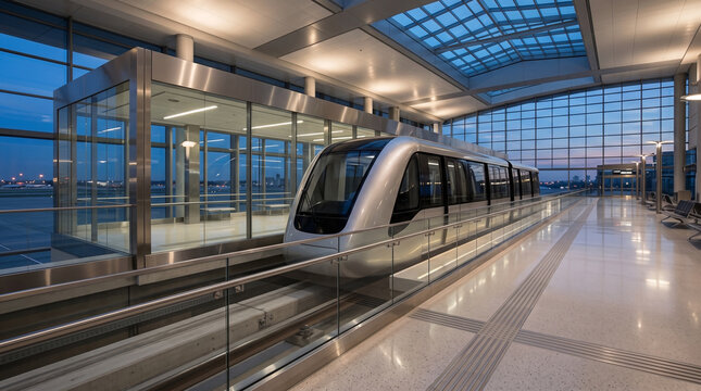 Airport monorail carriage beside glass terminal platform for sleek futuristic transportation design marketing