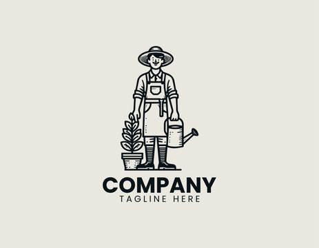 Gardener holding plant and watering can outline vector illustration on white background