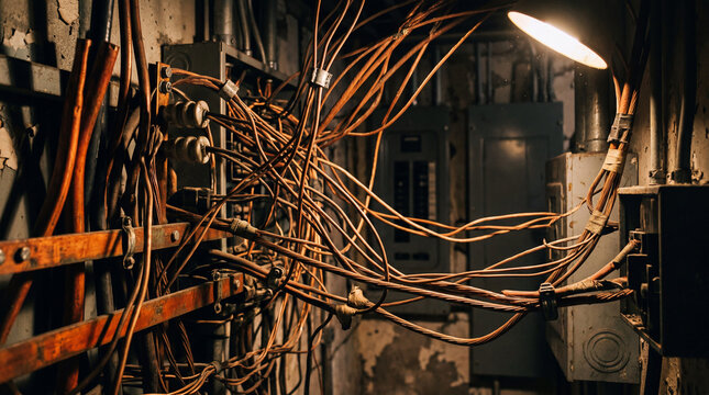 Copper Wiring Network Under Dramatic Lighting Emphasizing Depth Structure And Premium Electrical Engineering Detail