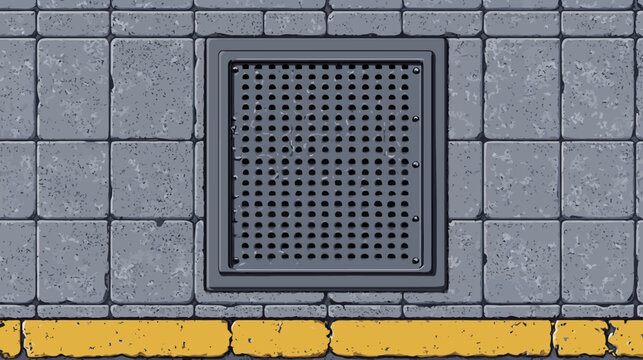 A detailed illustration of a manhole cover inset into a textured stone surface with yellow lines