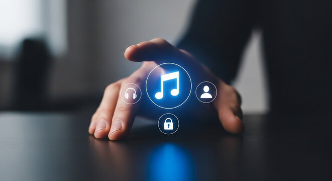 Hand interacting with glowing digital music note and security lock icons, concept for secure music streaming services and digital rights management technology.