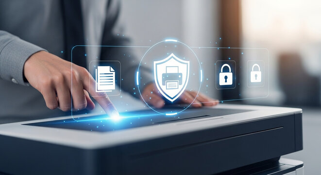 Secure Document Printing and Data Protection Concept Showing a Professional Using a Modern Copier Interface with Shield and Lock Cybersecurity Icons.