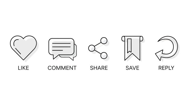 Collection of social media interaction icons with labels.