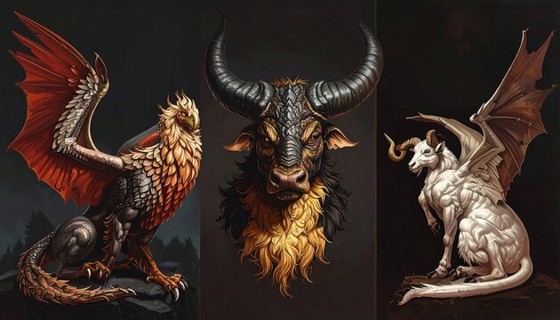 A digital artwork featuring three mythical creatures
