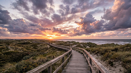 Fototapeta premium Long Boardwalk Over Sand Dunes at Sunset for Coastal Travel and Summer Vacation Marketing