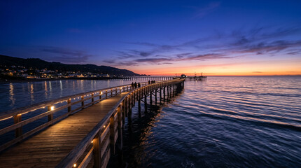 Fototapeta premium Atmospheric Twilight Boardwalk With Rich Indigo Skies For Coastal Travel Posters And Luxury Destination Marketing