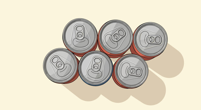Group of six red beverage cans with metallic pull tabs top view