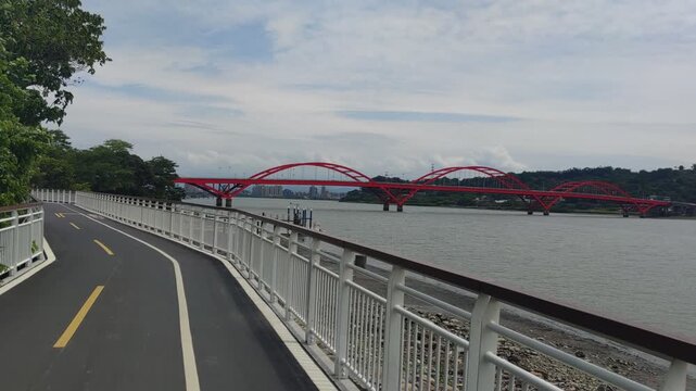 View of bike path, New Taipei City, Taiwan &ndash; May 12, 2026: Views of Danjiang Bridge, New Taipei City, Taiwan