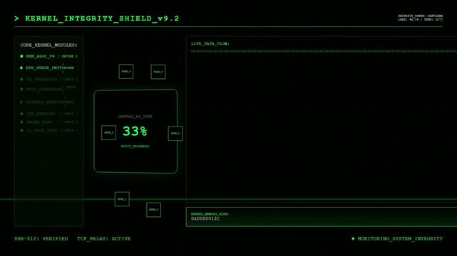 Kernel Integrity Shield System Defense with Central AI Core Audit Progress and Secure Kernel Modules Monitoring Digital Interface Animation.