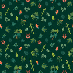 Exotic jungle foliage seamless pattern on deep green background © Bohdana