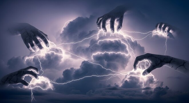 Mysterious hands harness raw power, weaving intricate lightning bolts across dark storm clouds in a display of elemental control