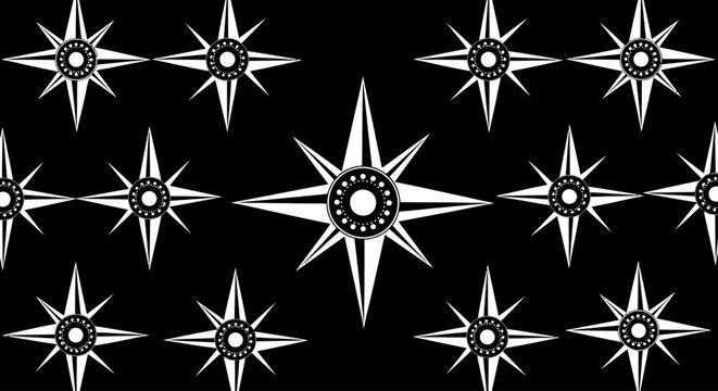 Compass rose navigation symbols, starburst vector graphics, black and white nautical elements, directional icons set