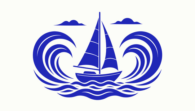 Sailing, sailboat, ocean waves, nautical icon, blue vector graphic