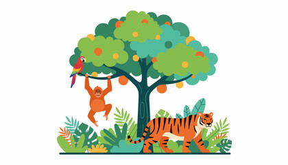 Jungle scene, colorful illustration, monkey and tiger, tropical tree, wildlife icons, vector graphics © Adam