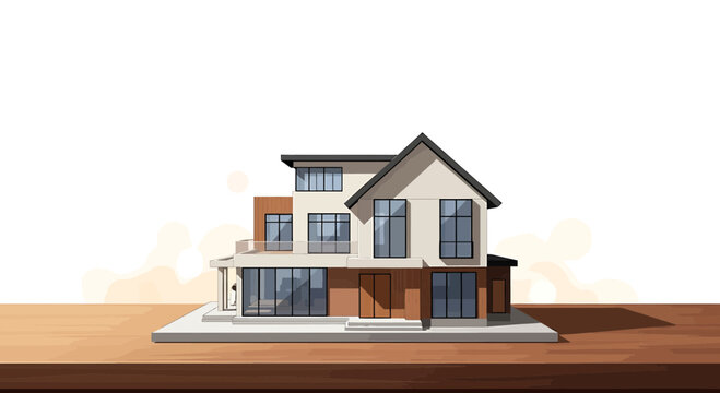 Modern two story luxury house with large windows and gabled roof