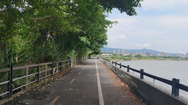 View of bike path, New Taipei City, Taiwan &ndash; May 12, 2026: Views of Danjiang Bridge, New Taipei City, Taiwan