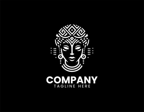 African Woman Portrait with Headwrap Minimalist Black Vector Logo Ethnic Illustration