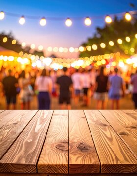 Wooden table foreground, festive outdoor evening scene
