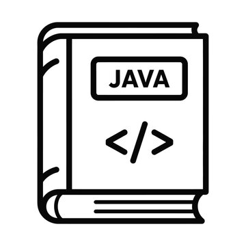 Java programming book icon, coding manual vector illustration, software development textbook, black and white line art