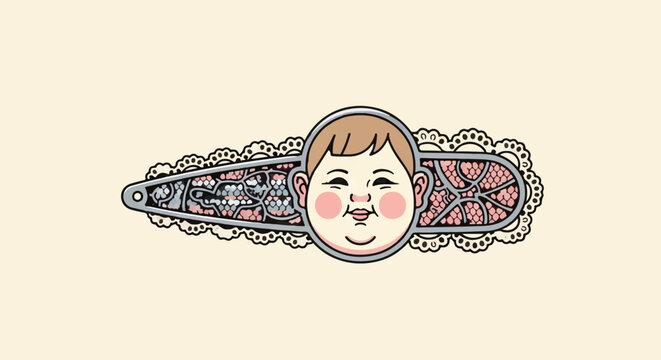Halftone dot art of a child and lace pattern border